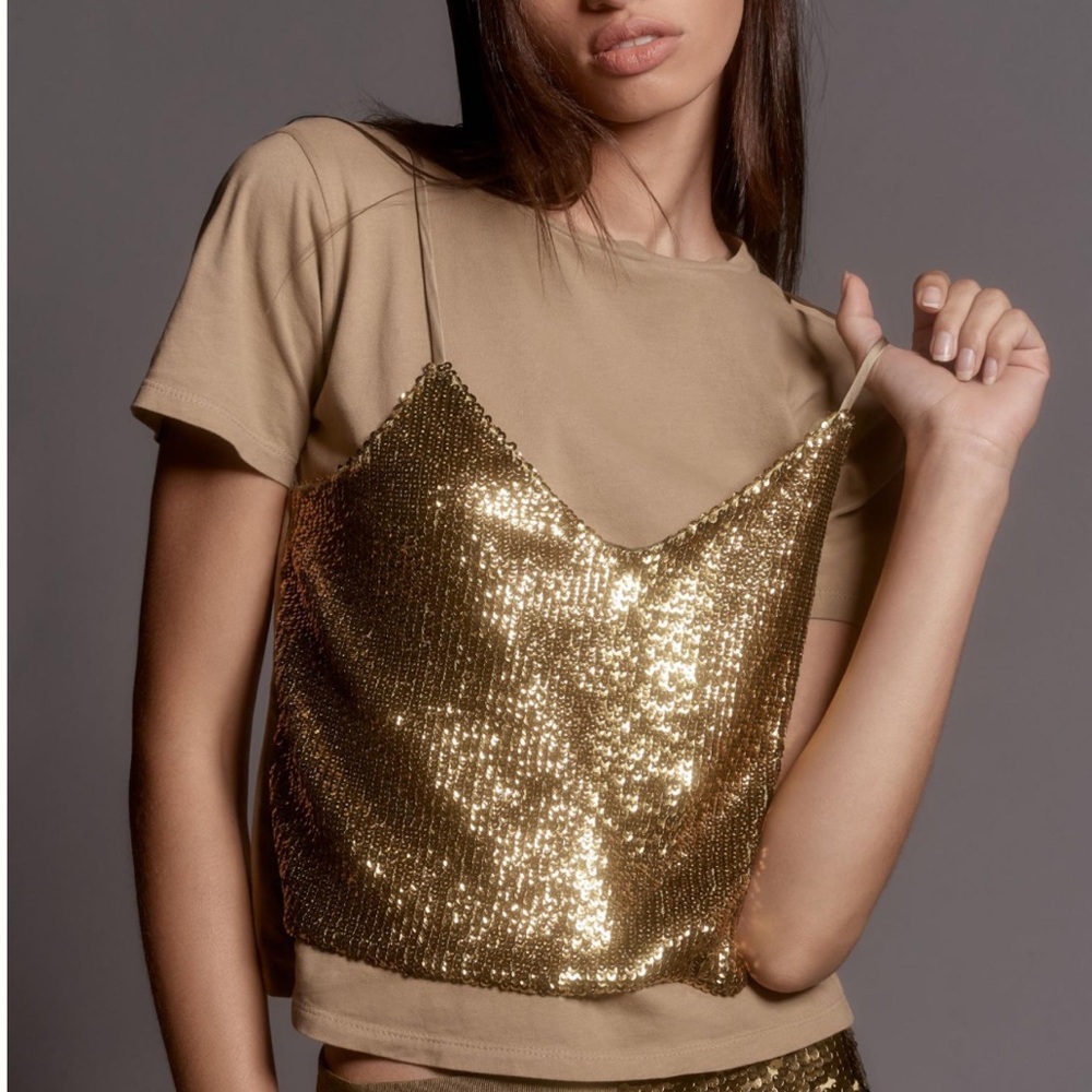 NWT Le Superbe Birdie Sequin Tee in moss, size XS